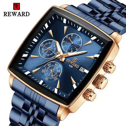 Luxury REWARD Men's Blue Rectangle Quartz Watch