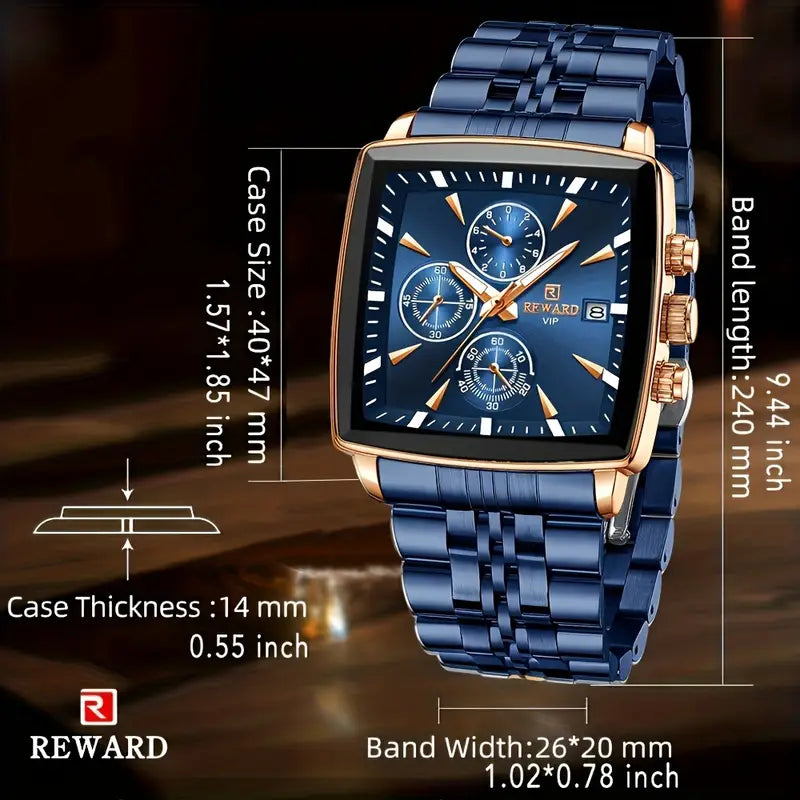 Luxury REWARD Men's Blue Rectangle Quartz Watch