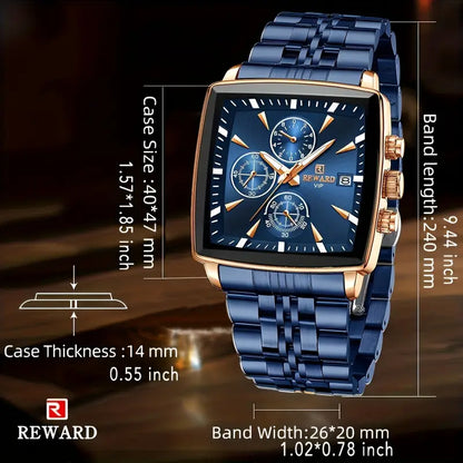 Luxury REWARD Men's Blue Rectangle Quartz Watch