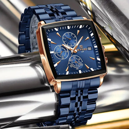 Luxury REWARD Men's Blue Rectangle Quartz Watch