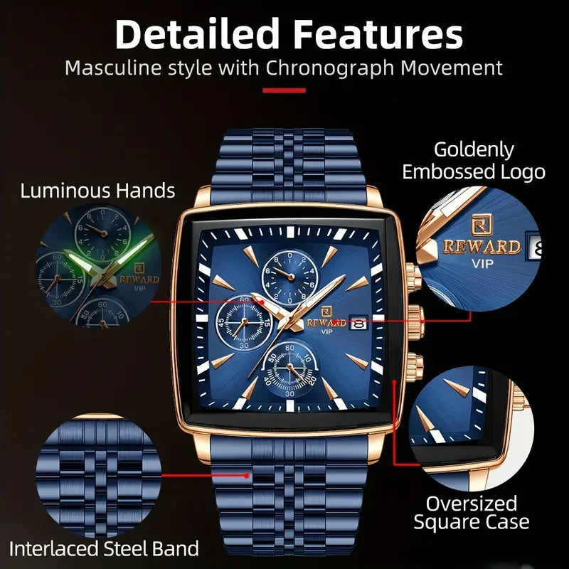 Luxury REWARD Men's Blue Rectangle Quartz Watch