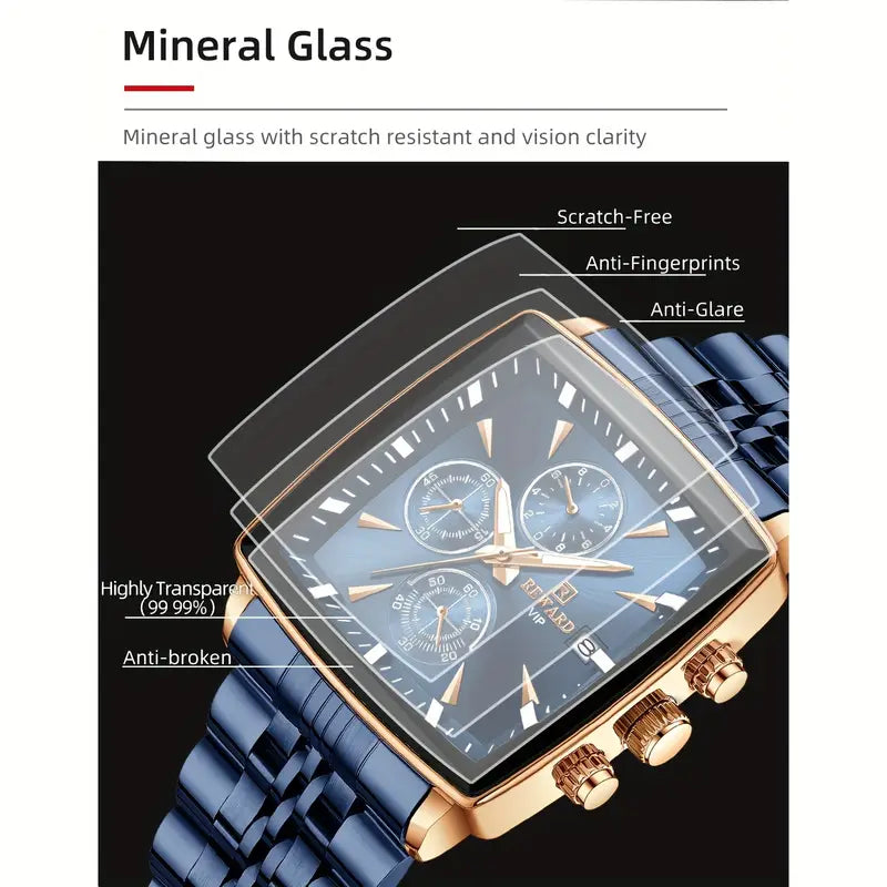 Luxury REWARD Men's Blue Rectangle Quartz Watch